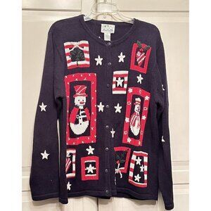 Quaker Factory Womens Medium Patriotic Snowman Cardigan‎ Sweater Red White Blue